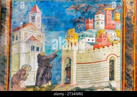 Basilika San Francesco D'Assisi, St. Francis, Giotto Fresco UNESO-Weltkulturerbe, Assisi, Perugia, Umbrien, Mittelitalien, Europa Stockfoto