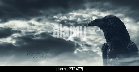 Gruselige schwarze Krähe und dunkler bewölkter Himmel, Kopierraum Stockfoto