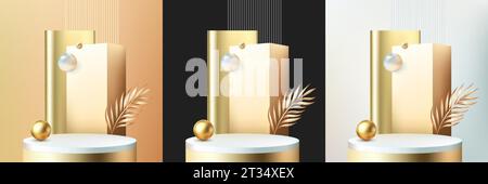 Realistische 3D-Podeste mit geometrischer Plattform, Perlkugeln und goldenem Blatt. Leerer Zylindersockel, Bühnenvorführung für Produktpräsentation. Minimale Szene mit abstraktem Hintergrund. Stock Vektor