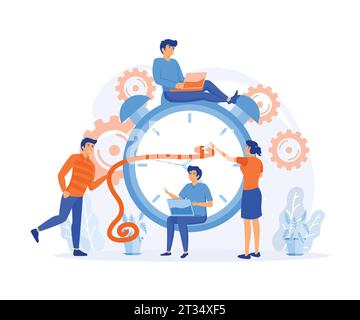 Disziplin Zeitmanagement. Aktive Gruppe von Personen, die ihre tägliche Routine produktiv erledigen, um das Ziel zu erreichen. Moderne Illustration des flachen Vektors Stock Vektor