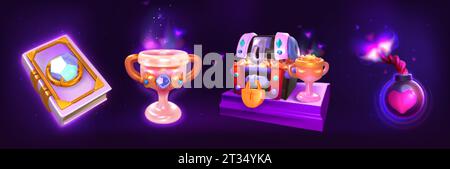 Fantasy-Requisiten, Spielmaterial Cartoon-Vektor-Set. Zauberbuch mit Edelsteinen, alte Schatzkiste mit goldenen Münzen, Bombe und Trophäe mit Edelsteinen. Antike gui-Designelemente isoliert auf dunklem Hintergrund. Stock Vektor