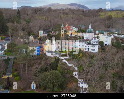 Luftaufnahme von Port Merion, Portmeirion, in Gwynedd, Nordwesten von Wales Stockfoto