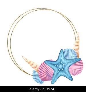 Runder Rahmen in Aquarellfarben mit Sternenfischen und Muscheln isoliert. Unterwasserelement, Illustration für Grußkarten, Sommerstrand Hochzeitseinladungen, Stockfoto