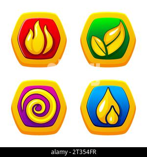 Vier Elemente Natur Feuer, Luft, Erde und Wasser. Goldene 4 Symbole des Lebens Stock Vektor