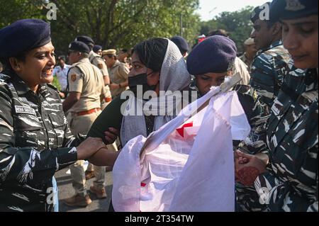 Neu-Delhi, Delhi, Indien. Oktober 2023. Indische Polizeikräfte verhaften einen Aktivisten während eines Protestes zur Unterstützung der Palästinenser in Gaza, während des Konflikts zwischen Israel und der Hamas in Neu-Delhi, Indien am 23. Oktober 2023. (Kreditbild: © Kabir Jhangiani/ZUMA Press Wire) NUR REDAKTIONELLE VERWENDUNG! Nicht für kommerzielle ZWECKE! Stockfoto