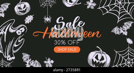 Halloween Sale Holiday Poster oder Bannervorlage. Layout für Partyflyer-Einladungen. Vektorgrafik von Hand gezeichnet. Schwarzer Hintergrund mit weißem CH Stock Vektor