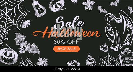 Halloween Sale Banner Design Vorlage. Vektor Hand gezeichnete Skizze Illustration von Kürbissen, Web und Geist. Schwarzer Hintergrund mit weißer Kreide Feiertag dra Stock Vektor