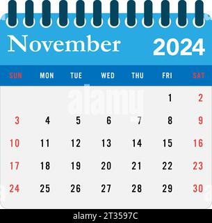 Kalender für November 2024 Wandkalender 2024 Vorlage Stock Vektor