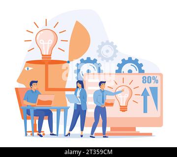 Teamarbeit mit dem Boss. Das Team der Informationsposter arbeitet an der Idee zur Umsetzung. Moderne Illustration des flachen Vektors Stock Vektor