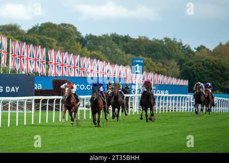 BILDER ABLEGEN. Oktober 2023. In der heutigen Presse wurde berichtet, dass Frankie Dettori morgen, 24. Oktober 2023, vom Whip Review Committee der BHA untersucht werden könnte, nachdem er mit Trawlerman in Ascot gefahren ist. Wenn er gegen die Regeln verstoßen würde, würde er am 7. November eine Suspendierung beginnen, was bedeutet, dass er das Fahren im Melbourne Cup in Australien verpassen könnte. Ascot, Berkshire, Großbritannien. Oktober 2023. Jockey Frankie Dettori auf Horse Trawlerman (R) gewinnt den QIPCO British Champions Long Distance Cup beim QIPCO British Champions Day auf der Ascot Racecourse. Trainer John & Thady Gosden Newmarket. Eigentümer Godol Stockfoto