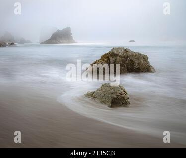 Felsbrocken und Meeresstapel an einem nebeligen Tag im Harris Beach State Park in Brookings, Oregon, USA – lange Zeit, um die Szene weicher zu machen. Stockfoto