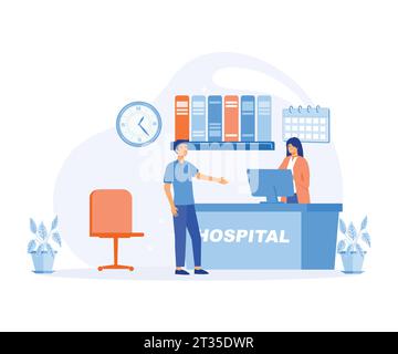 Krankenhausempfangskonzept, Mann stellt eine Frage an das Krankenhausregister, flache Vektor moderne Illustration Stock Vektor