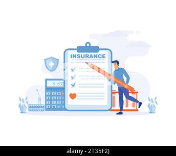 Krankenversicherung Konzept, Mann füllt Krankenversicherung Formular Registrierung, flache Vektor moderne Illustration aus Stock Vektor