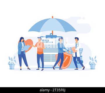 Krankenversicherungskonzept, großes Klemmbrett mit Dokument darauf unter dem Dach. Gesundheitswesen, Finanzen und medizinischer Dienst. Flachvektor Moderne Illustraten Stock Vektor