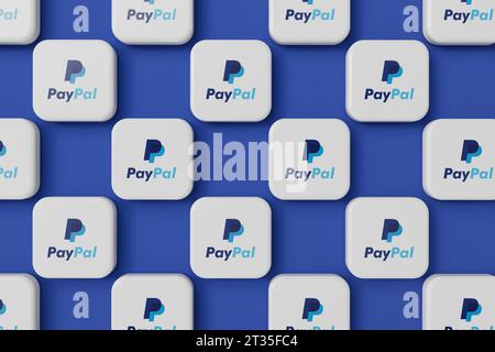 LONDON, Großbritannien – Oktober 2023: Firmenlogo des Online-Zahlungsdienstleisters PayPal. 3D-Rendering Stockfoto