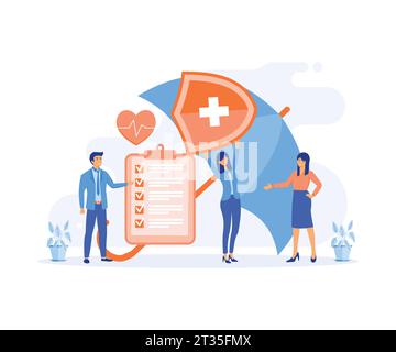 Krankenversicherungskonzept, großes Klemmbrett mit Dokument darauf unter dem Dach. Gesundheitswesen, Finanzen und medizinischer Dienst. Flachvektor Moderne Illustraten Stock Vektor