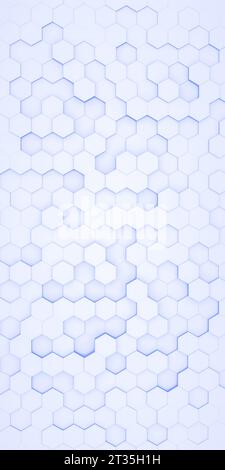 Sechseckiger weißer und blauer technischer Hintergrund. 3D-Abbildung. Vertikale Größe. Stockfoto