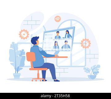 Videokonferenz. Personengruppe auf dem Computerbildschirm mit Kollegen. Videokonferenzen und Online-Kommunikation, moderne Illustration mit flachen Vektoren Stock Vektor