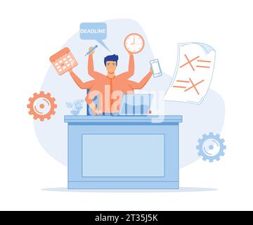 Das Terminkonzept eines Büros, Ein müder Mann, der die Frist verpasst. Ein Büroangestellter, der von der Arbeit überwältigt wird, flache Vektoren, moderne Illustration Stock Vektor