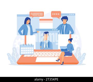 Online-Diskussion und Videokonferenz Konzept. People Charaktere arbeiten zu Hause und verwenden Laptop für Videokonferenzen mit Kollegen, Flat vecto Stock Vektor