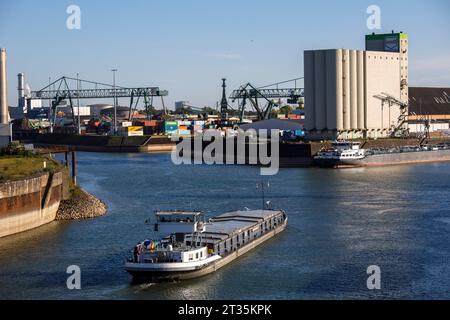 Ein Frachtschiff, das in den Rheinhafen im Bezirk Niehl einfährt, RWZ-Getreidesilo am Lagerkai Köln. ein Frachtschiff bei der Einfahrt in d Stockfoto