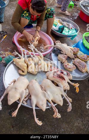 Hà Tiên, Vietnam. August 2014. Lebhafter Markt entlang des Flusses Chau in Hà Tiên, Provinz Kiên Giang im Mekong-Delta in Südvietnam. Stockfoto