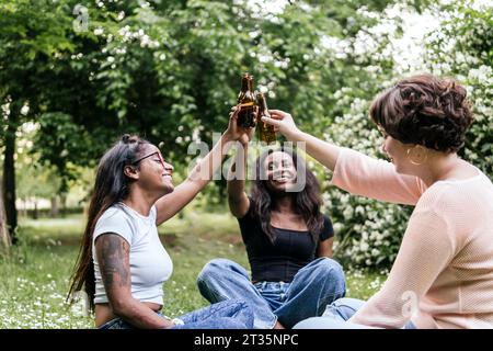 Glückliche multirassische Freunde, die Bierflaschen im Park trinken Stockfoto