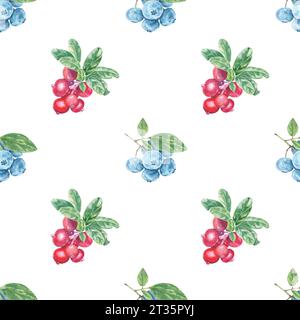 Nahtlose Muster handbemalt rote Preiselbeeren- und Blaubeerblätter. Aquarell botanische Illustration Beeren isoliertes Element. Kunst für Lebensmitteldesign Stockfoto