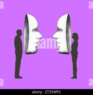 Illustration eines Mannes und einer Frau mit übergroßen Masken, die von Angesicht zu Angesicht stehen Stockfoto