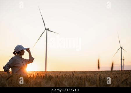 Ein Landwirt, der Windturbinen im Weizenfeld ansieht Stockfoto