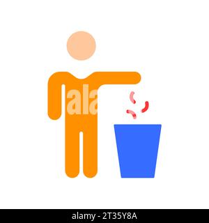 Symbol "Mann, der den Müll wegwirft". Saubere Straßen, Recycling, Mülleimer, Sortieren, Müllkippen, Reinigung. Vektorfarbsymbol auf weißem Hintergrund für Unternehmen und Stock Vektor
