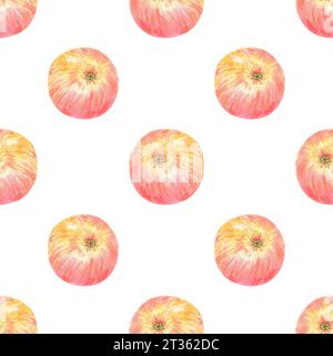 Nahtloses Aquarellmuster mit roten Äpfeln. Lebensmittelillustration handgemalt in botanischem Stil auf weißem Hintergrund für die Verwendung in Textil, Tapete Stockfoto