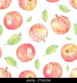 Nahtloses Aquarellmuster mit roten Äpfeln. Lebensmittelillustration handgemalt in botanischem Stil auf weißem Hintergrund für die Verwendung in Textil, Tapete Stockfoto