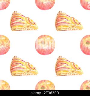 Nahtloses Muster, handgemalte rote Äpfel und Kuchen, Kuchen. Botanische Illustration auf grünem Hintergrund. Art Food Design, Tapete, Textil Stockfoto