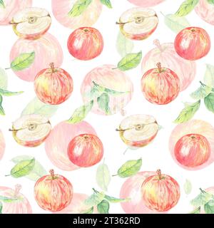 Nahtloses Aquarellmuster mit roten Äpfeln. Lebensmittelillustration handgemalt in botanischem Stil auf weißem Hintergrund für die Verwendung in Textil, Tapete Stockfoto