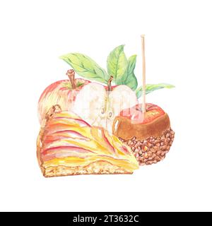 Aquarellkomposition Apfelscheibe mit Kuchen isolierte Illustration auf weißem Hintergrund. Herbstfrucht für Logo, Menü, Karte, Muster. Kunst für Design Stockfoto