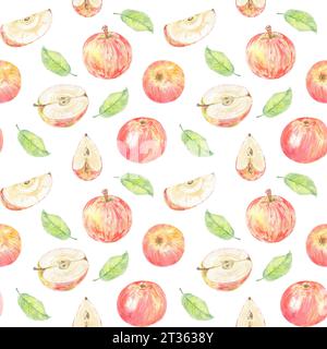 Nahtloses Aquarellmuster mit roten Äpfeln. Lebensmittelillustration handgemalt in botanischem Stil auf weißem Hintergrund für die Verwendung in Textil, Tapete Stockfoto
