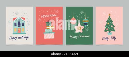 Weihnachtskarten-Set mit Deko und Kalligraphie. Niedliche und elegante Vektor-Illustrationsvorlagen in einfachem Stil Stock Vektor