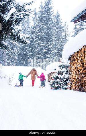 Großmutter hält Hände und geht mit Kindern, die Schlitten auf Schnee ziehen Stockfoto