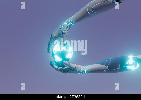 Dreidimensionales Rendering von Roboterwaffen, die den glühenden Planeten Erde halten Stockfoto