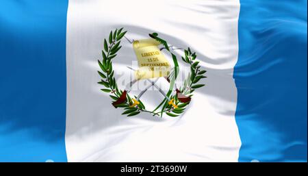 Nahaufnahme der Nationalflagge Guatemalas, die winkt. Drei vertikale blau-weiße Streifen mit zentriertem Nationalwappen. 3D-Darstellung. Rippl Stockfoto