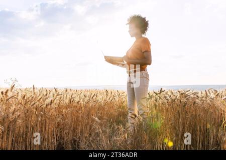 Junger Afro-Landwirt, der Laptop im Gerstenfeld hält Stockfoto