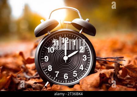 Gersthofen, Bayern, Deutschland. Oktober 2023. Zeitumstellung von Sommerzeit auf Winterzeit, Ein schwarzer Wecker mitten im Herbst verlässt mit der Zeit 2 Uhr *** Zeitumstellung von Sommerzeit auf Winterzeit, ein schwarzer Wecker inmitten von Herbstlaub mit der Zeit 2 Uhr Credit: Imago/Alamy Live News Stockfoto