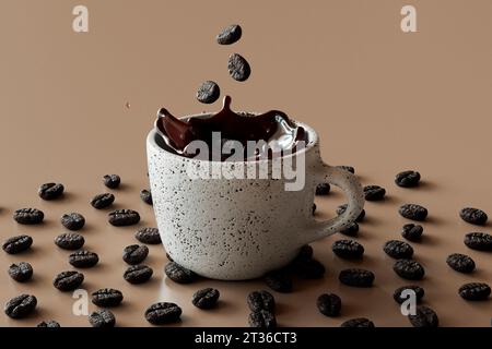 3D-Rendering von Kaffeebohnen, die in eine Tasse Kaffee fallen Stockfoto