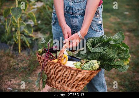 Frau, die Korbkorb mit Gemüse im Obstgarten hält Stockfoto