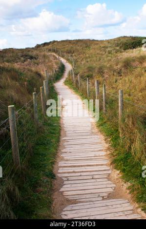 Ein hölzerner Brettweg ermöglicht den Zugang zum Strand, schützt aber die Dünen und das Marramgras - John Gollop Stockfoto