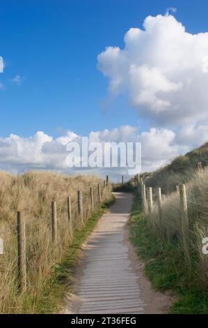 Ein hölzerner Brettweg ermöglicht den Zugang zum Strand, schützt aber die Dünen und das Marramgras - John Gollop Stockfoto