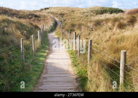 Ein hölzerner Brettweg ermöglicht den Zugang zum Strand, schützt aber die Dünen und das Marramgras - John Gollop Stockfoto