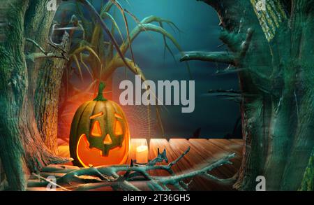 Halloween-Hintergrund mit Kürbis und Ästen in verzaubertem gruseligen Wald in der Nacht. 3D-Rendering-Abbildung. Stockfoto