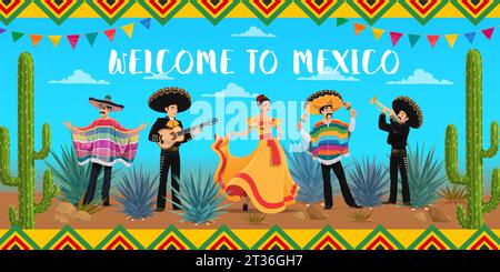 Mexikanische Nationalfiguren, Willkommen in Mexiko Reiseposter mit Menschen, Vektor-Hintergrund. Mexiko-Tourismus-Banner mit Mariachi-Musikern in Sombrero mit Gitarren und charro in Poncho mit Maracas Stock Vektor